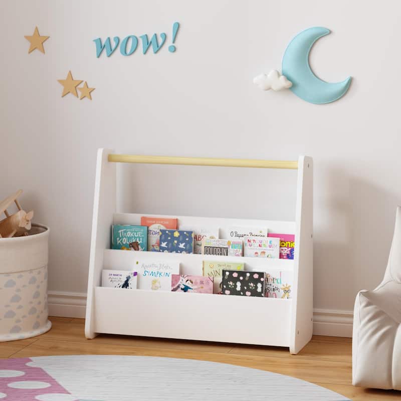 Kids Bookshelf with Wooden Handle, 2-Tier Front-Facing Toddler Bookcase, Portable Children's Book Storage Organizer for Bedroom