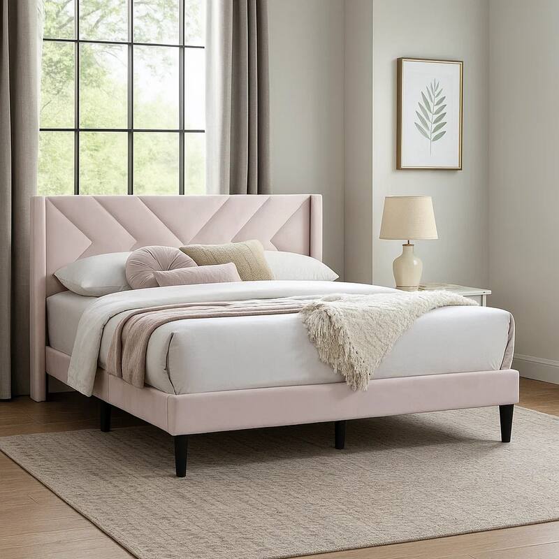 Niasa Full Size Bed, Chevron Tufted Pink Velvet Upholstered Foam