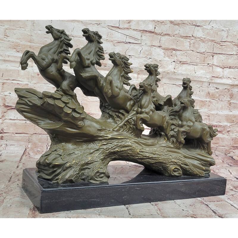 Eight Running Imitative Horses Bronze Sculpture On Marble Base By Milo