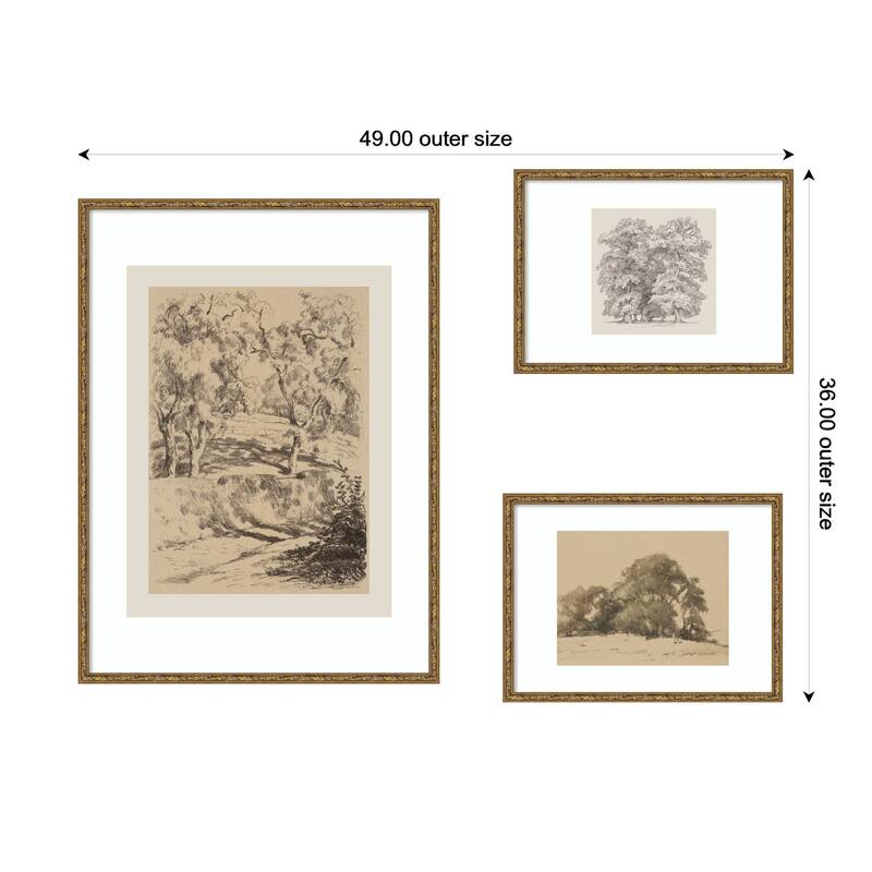Kate and Laurel Sketches of Nature by Fry, Becker & Bosboom 3 Piece Framed Wall Art Print Set by Nostalgia Prints