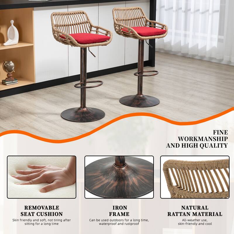 Plastic Rattan Linen Swivel Adjustable Height Bar Stools With Footrest(set of 2)