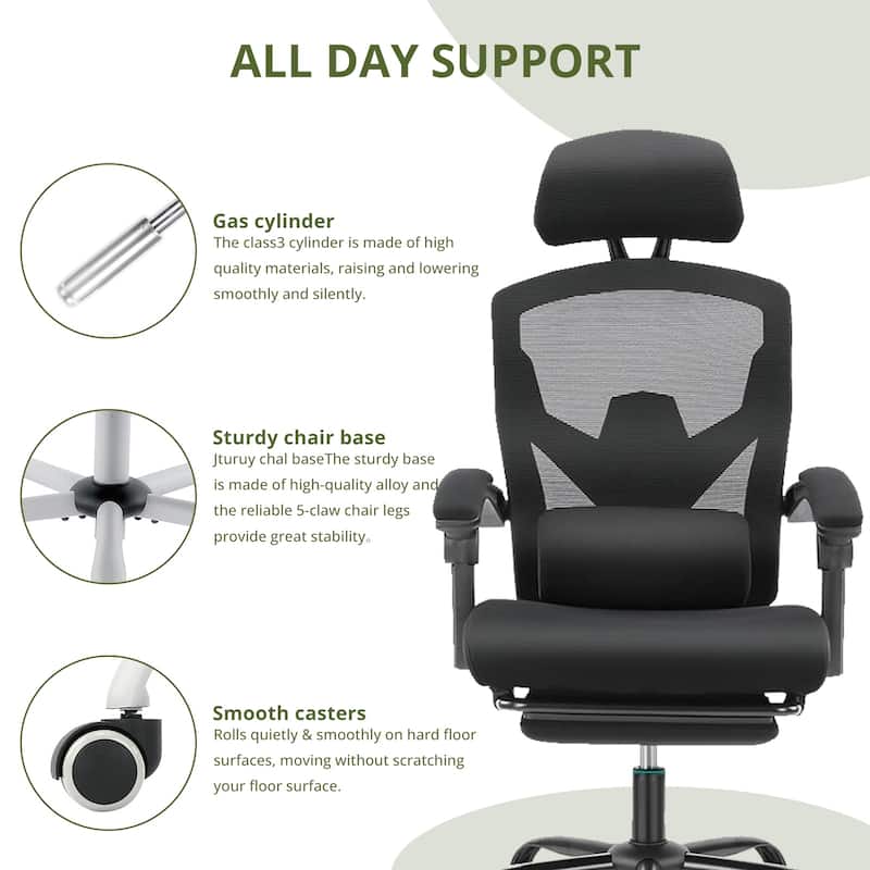 Home Office Desk Chair with Footrest, High-Back Mesh Rolling Swivel Reclining Chairs with Wheels, Comfortable Headrest