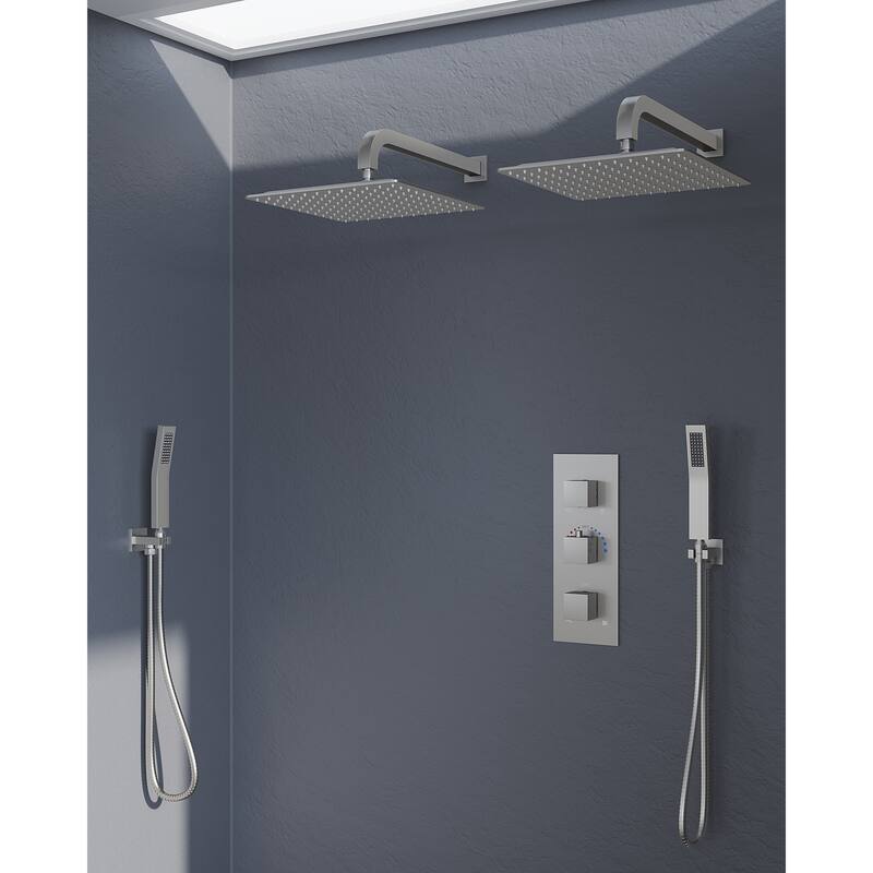 GRANDJOY 12 inch Wall Mounted Dual Shower Heads with Handheld Spray Combo Thermostatic High Pressure Shower System - Brushed Nickel