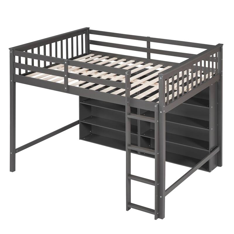 Full Size Wood Loft Bed w/ 8 Open Storage Shelves and Built-in Ladder