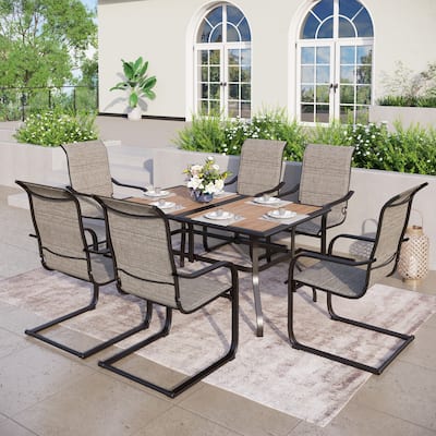 MAISON ARTS Patio Dining Set , 4/6 Textilene Rocking Chairs and 1 Wood-like Table with Umbrella Hole - 37"(L) x 37"(W) x 28"(H)