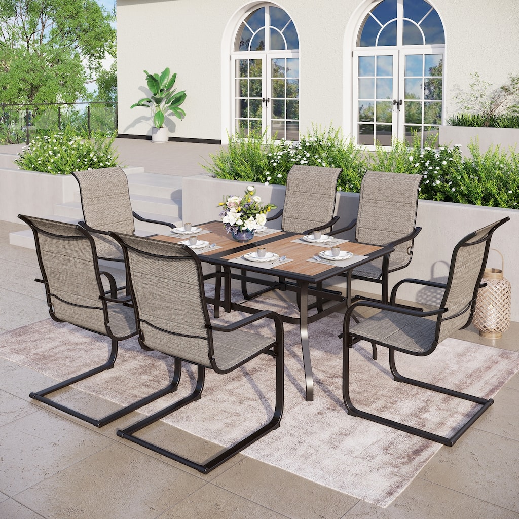 MAISON ARTS Patio Dining Set , 4/6 Textilene Rocking Chairs and 1 Wood-like Table with Umbrella Hole - 37"(L) x 37"(W) x 28"(H)