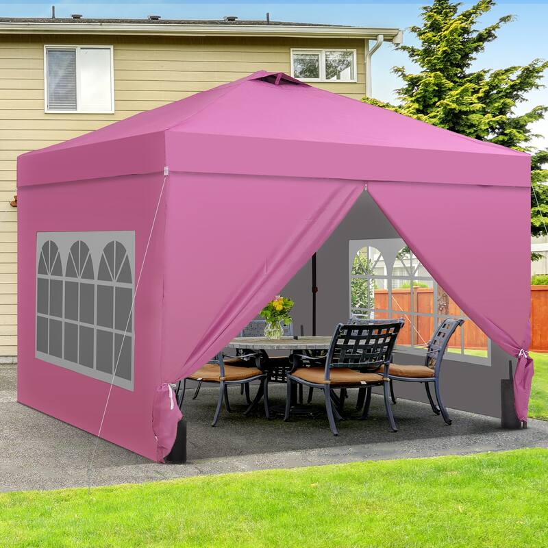 Ainfox 10x10 Pop Up Canopy Tent with 4 Sidewalls, Easy Set up with One Push Lift Outdoor Beach Gazebos with 4 Sandbags - Pink