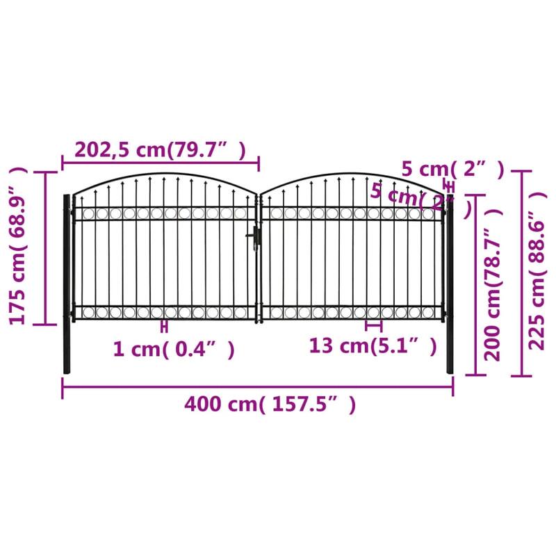 vidaXL Fence Gate Double Door with Arched Top Steel 157.5x68.9" Black - 157.5 x 68.9"