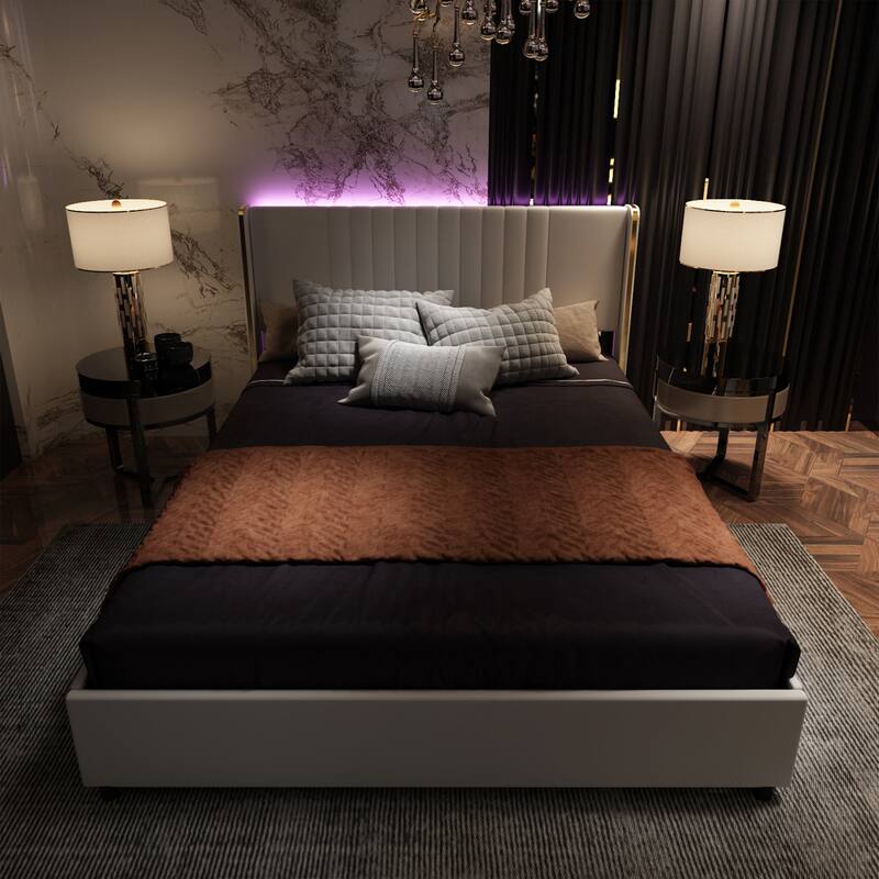 Stylish Grey or White Platform Bed with Light-Up Headboard and Drawer