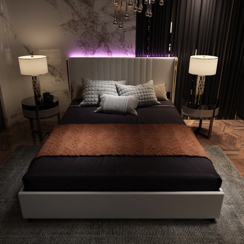 Upholstered Bed with LED Lighting and Storage - Bedroom Elegance