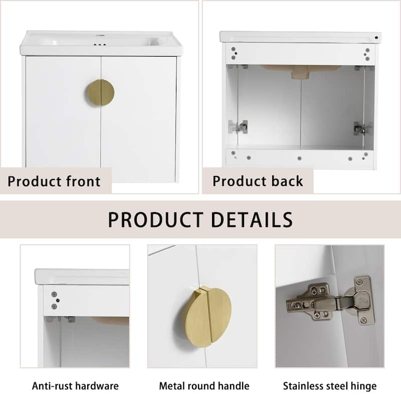 24/28 inch Wall Mounted Bathroom Vanity Set in White with Integrated Ceramic Sink