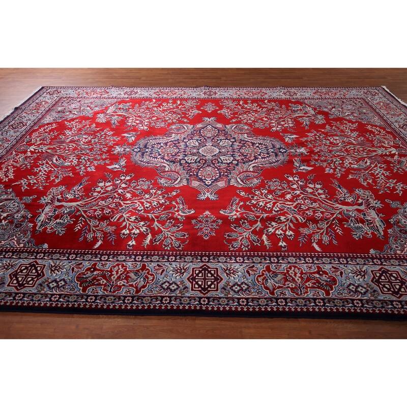 Animals Red Floral Kashan Turkish Area Rug Machine Made Carpet - 9'8" x 12'11"