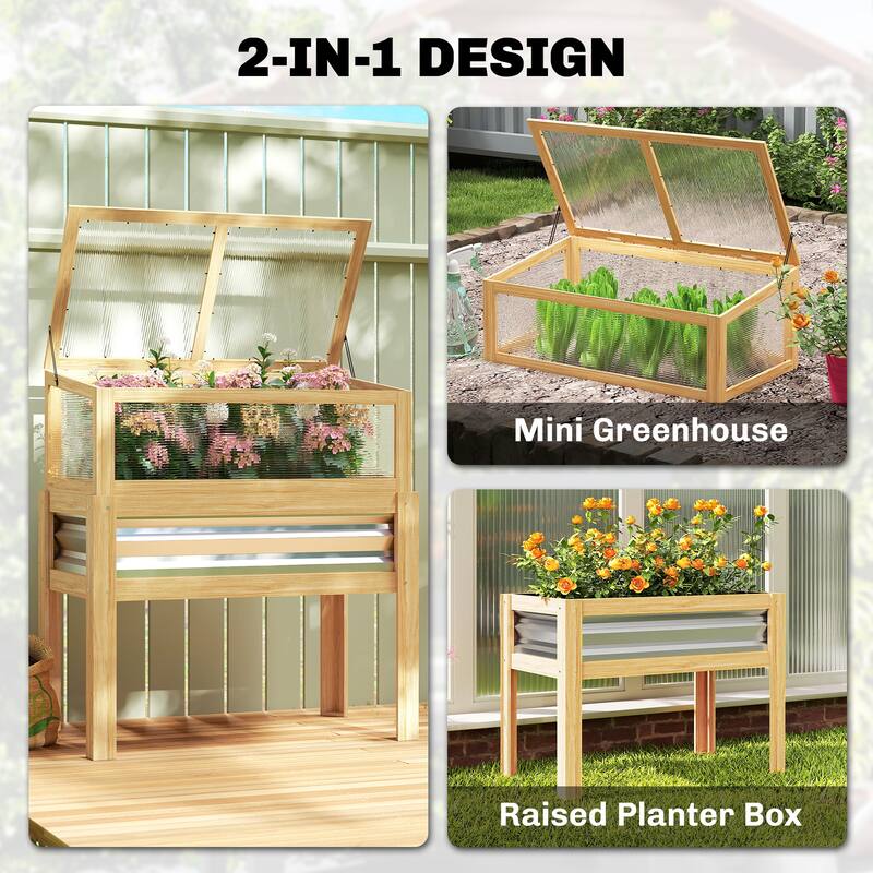 Outsunny Wooden Raised Garden Bed with Flip-Up Greenhouse Top, Raised Garden Bed with Legs and Bed Liner