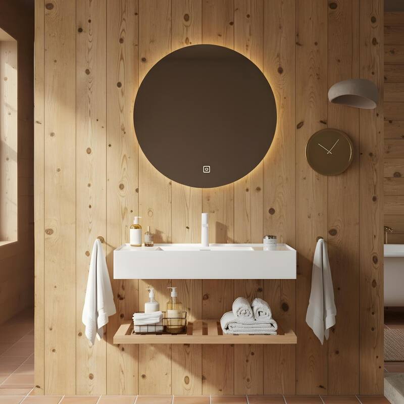 Bathroom Vanity with Vessel Sink and Striped Shelf Layer