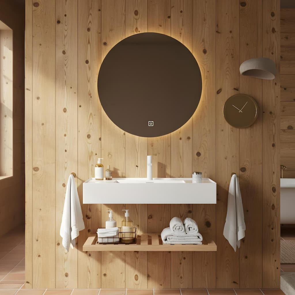 Bathroom Vanity with Vessel Sink and Striped Shelf Layer
