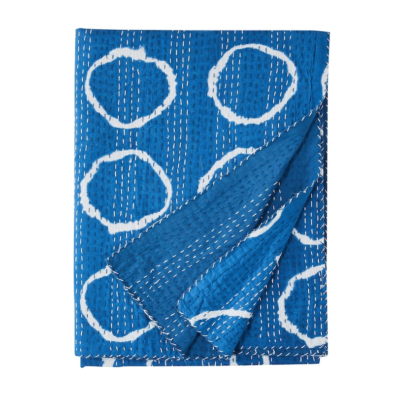 Melange Hand Stitched Kantha Block Print Coverlets and Shams - Circle Throw - Twin - 1 Piece