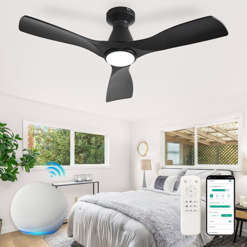 Ceiling Fans with Lights and APP: Flush Mount Low Profile Ceiling Fan for Bedroom - Dimmable Indoor Outdoor Fan - 42in - Black