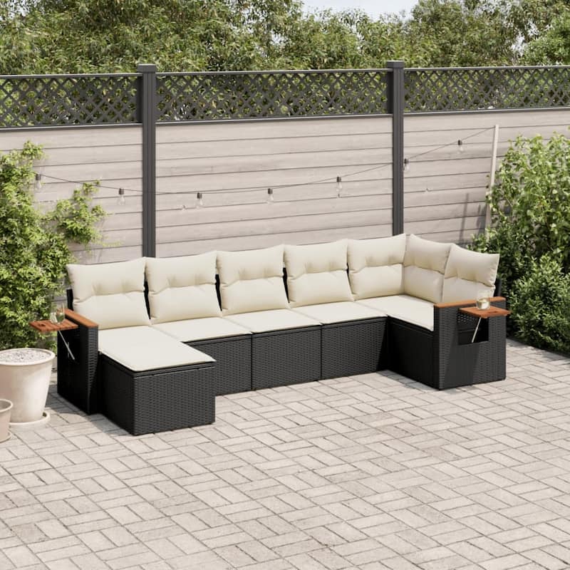vidaXL Patio Sofa Set with Cushions Outdoor Conversation Furniture Poly Rattan - 21.7 x 21.7 x 14.6 in - Black and cream without table