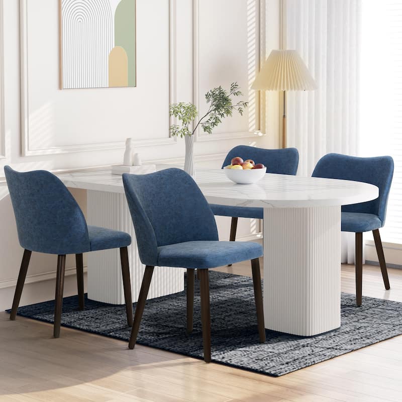 Set of 2 Wooden Dining Chairs, Beige Upholstered Fabric for Kitchen & Dining Room - Blue