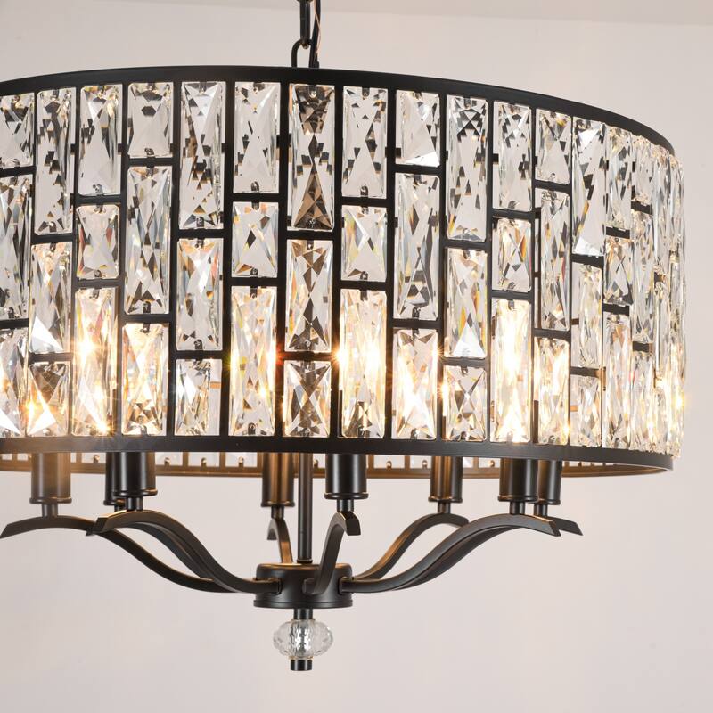 8-Light Modern Glam Black Faceted Crystal Chandelier with Cylinder Drum Shade for Dining Room, Living Room