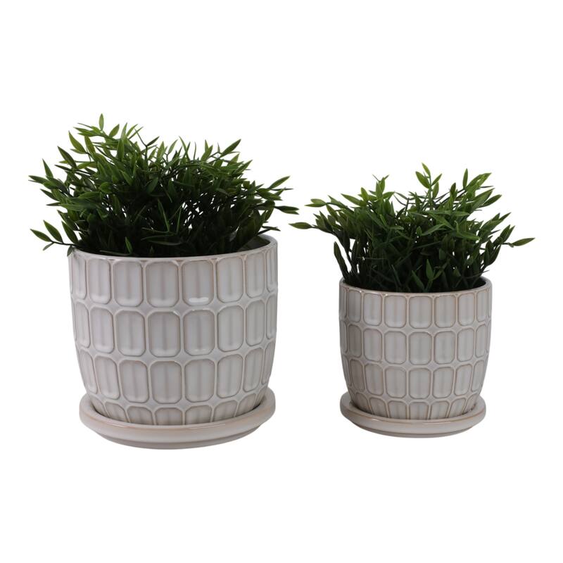 Stoneware Saucer Planters with Embossed Geometric Texture (Set of 2)