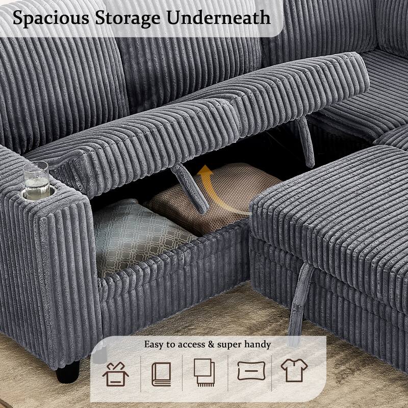 81x81 Inch Convertible Sectional Sofa with Pull-Out Bed & USB Charging（ Corduroy）