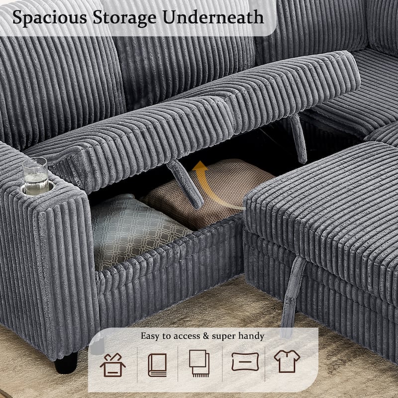 Oversized Corduroy Sectional Sleeper Sofa with Pull-Out Bed, L-Shaped 5-Seater Upholstered Couch Bed with USB Charging Ports