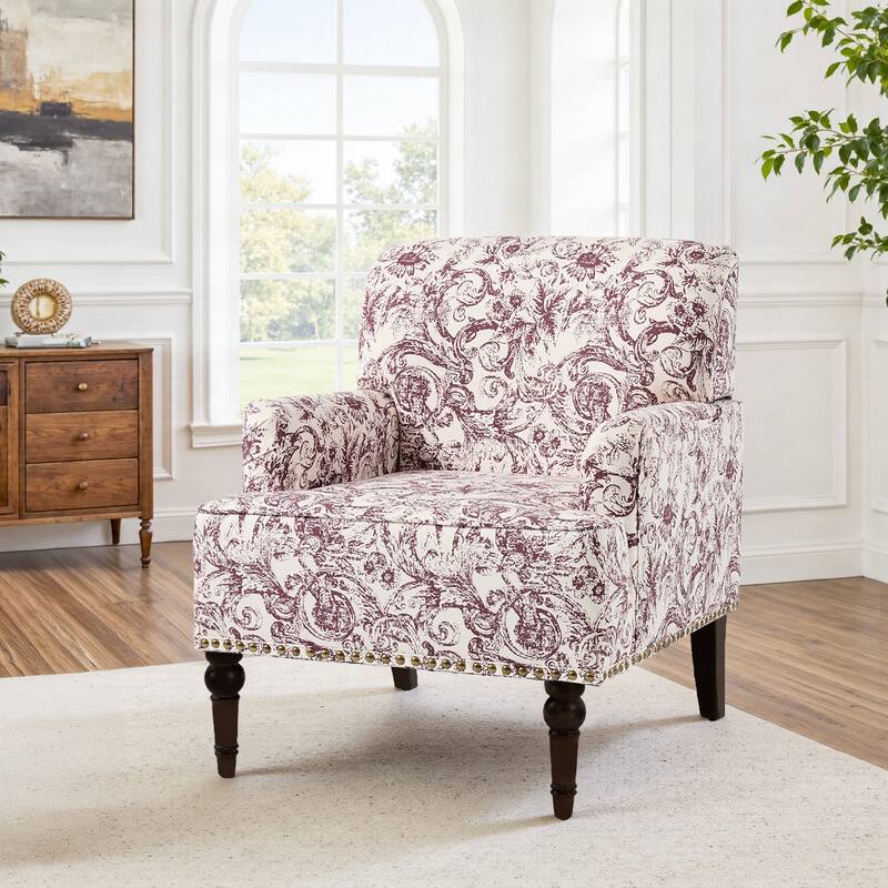 Striped Upholstered Linen Armchair with Brass Nailhead Trim