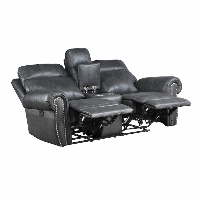 Ville 75 Inch Manual Recliner Loveseat, Storage Console, Gray Faux Leather