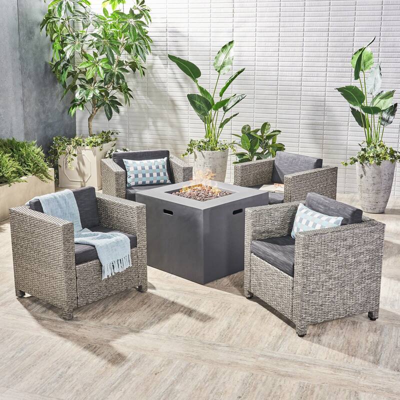 Maxwell Outdoor 4 Piece Club Chair Set with Square Fire Pit by Christopher Knight Home - Dark Gray