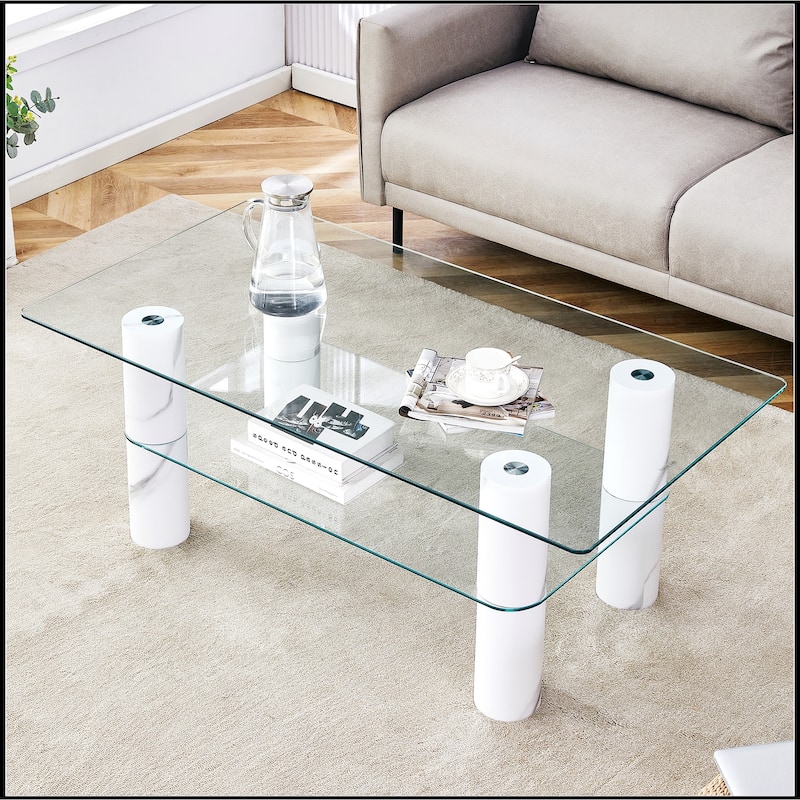 Double-layer Transparent Tempered Glass Coffee Table - White