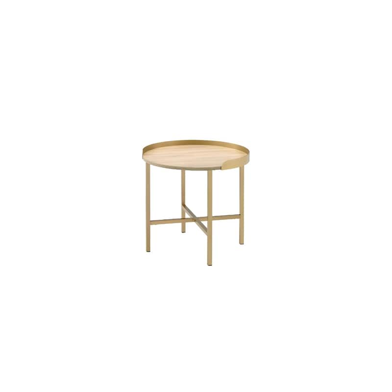 22" Round Oak Wood End Table with Gold Metal and Removable Tray Top for Living Room or Bedroom - 22"L x 22”W x 22"H