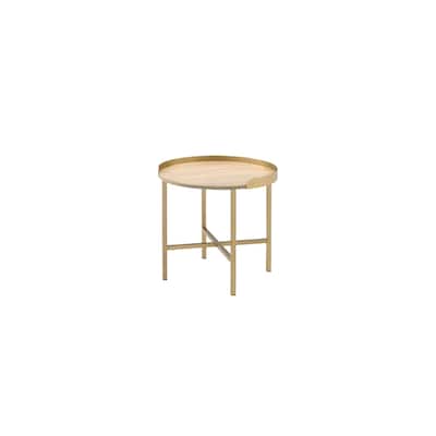 22" Round Oak Wood End Table with Gold Metal and Removable Tray Top for Living Room or Bedroom - 22"L x 22”W x 22"H