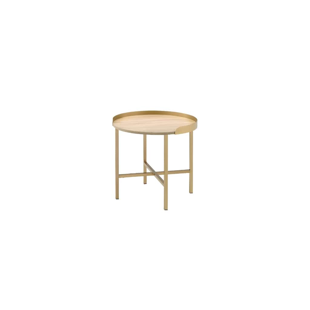 22" Round Oak Wood End Table with Gold Metal and Removable Tray Top for Living Room or Bedroom - 22"L x 22”W x 22"H