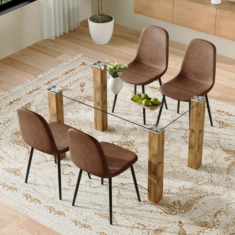 Glass Dining Table Set for 4, 5-Piece Rectangular Glass Kitchen Table Set with 4 Upholstered Dining Chairs for Small Spaces