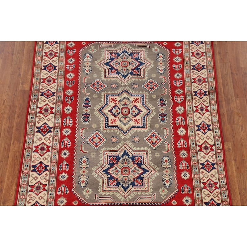 Geometric Kazak Oriental Area Rug Handmade Grey Wool Carpet - 5'0" x 6'6"