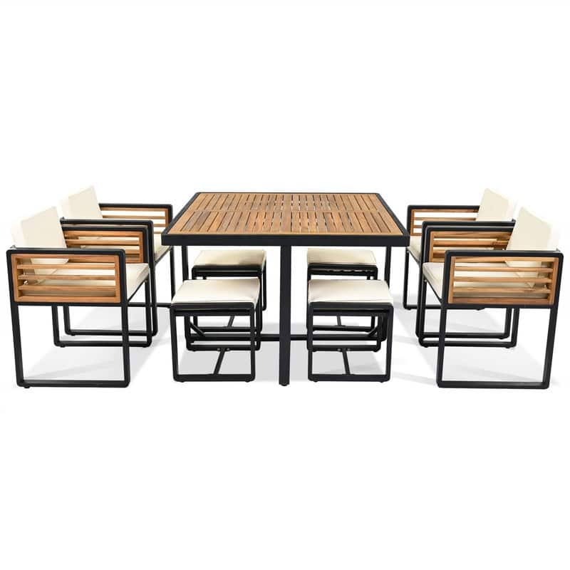 9-Piece/18-Piece Acacia Wood Patio Dining Set, Outdoor Dining Table Set with Cushioned Chairs, Ottomans and 1 Square Table