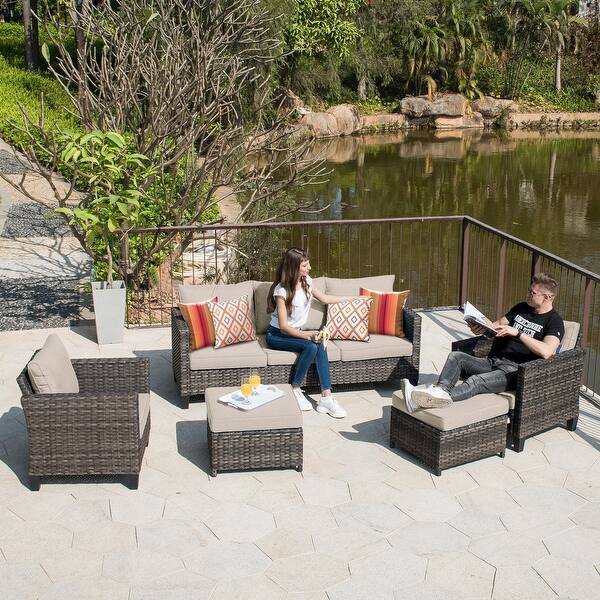 Shop Black Friday Deals On Ovios 5 Piece Outdoor High Back Wicker Sectional Set Overstock 30892670