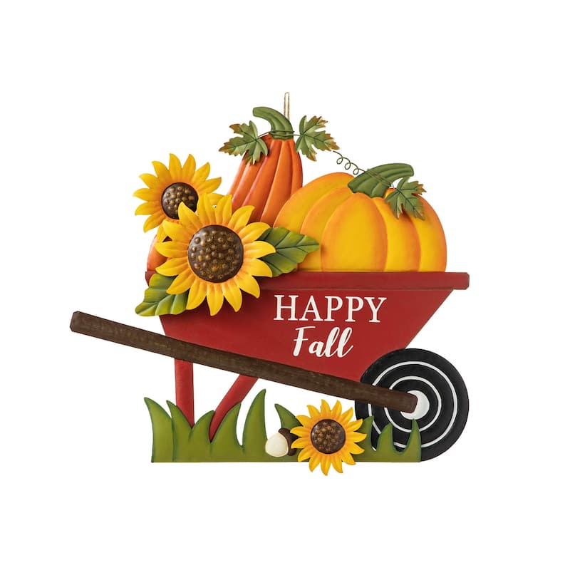 Glitzhome 30"H Fall Metal Wheelbarrow Pumpkin Welcome Barrel Yard Stake Thanksgiving Decor