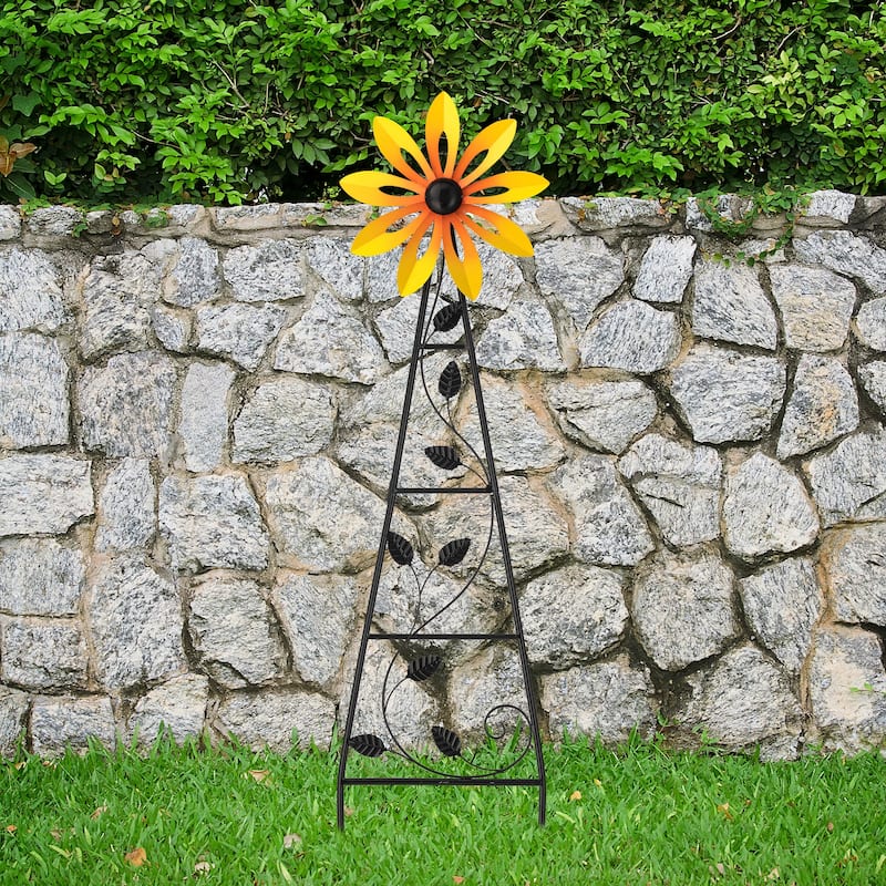 Glitzhome 44"H Glossy Painted Metal Yellow//Blue/Orange/Red Flower Wind Spinner Yard Stake