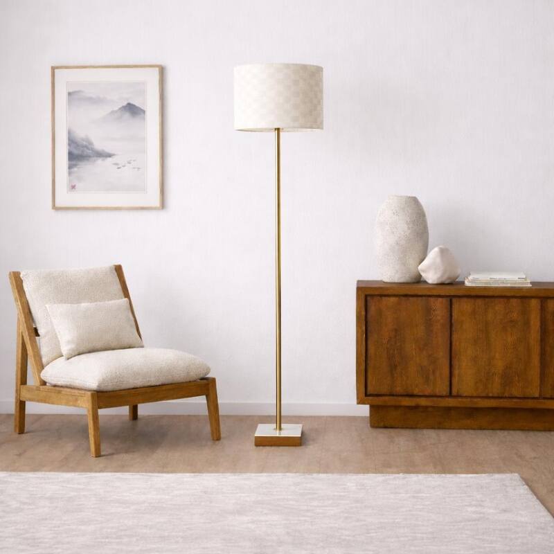Ellen Floor Lamp with Woven Shade and Marble-Wood Base - Gold