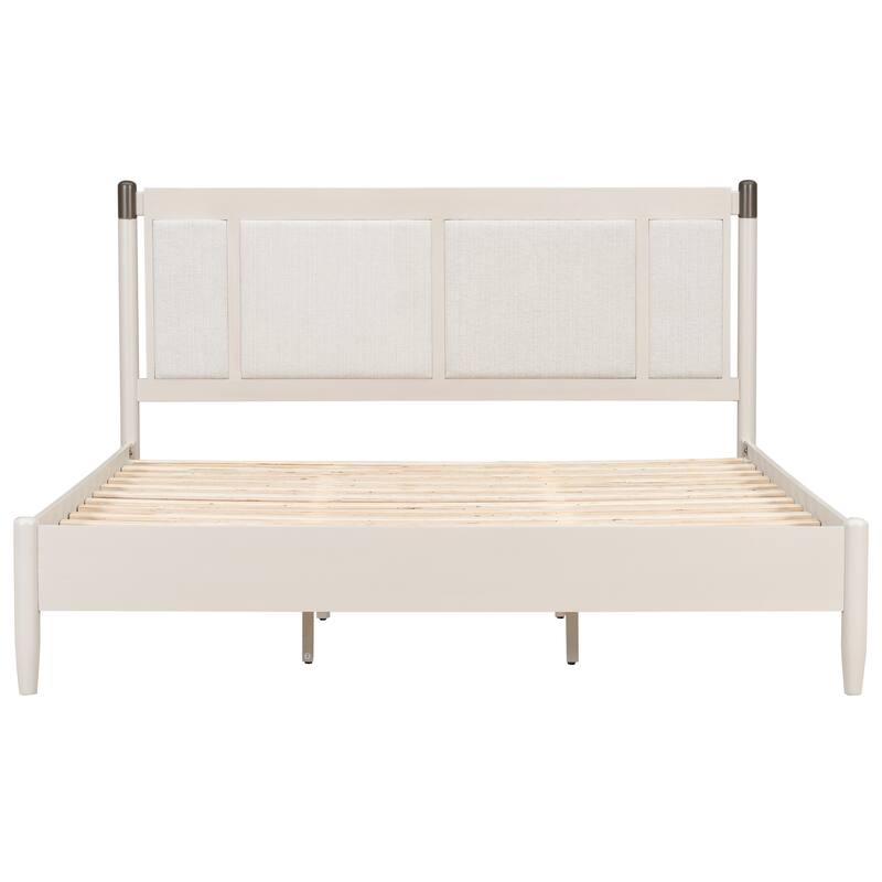 Solid Wood King Bed, Heavy Duty 600 lbs Support, No Box Spring Needed, Upholstered Headboard with Metal Handles