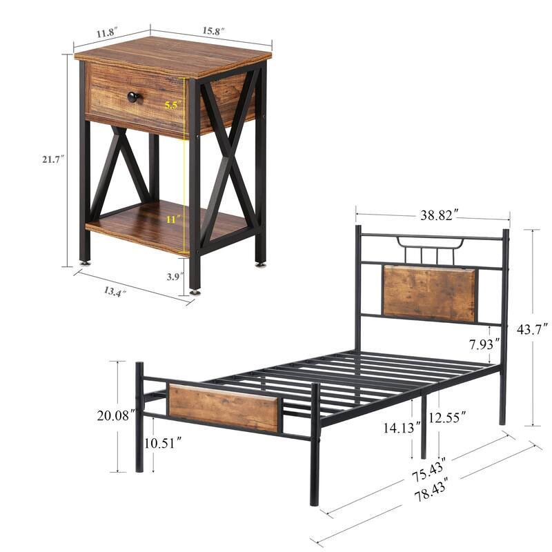 Taomika Mid Century 3-Pieces Bed and Nightstands Sets