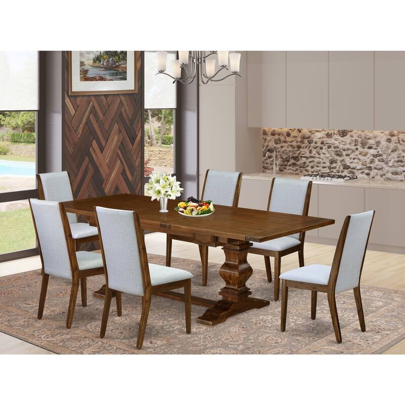 Modern 7-Piece Dining Set - Gray Linen Chairs & Antique Walnut Table - 92