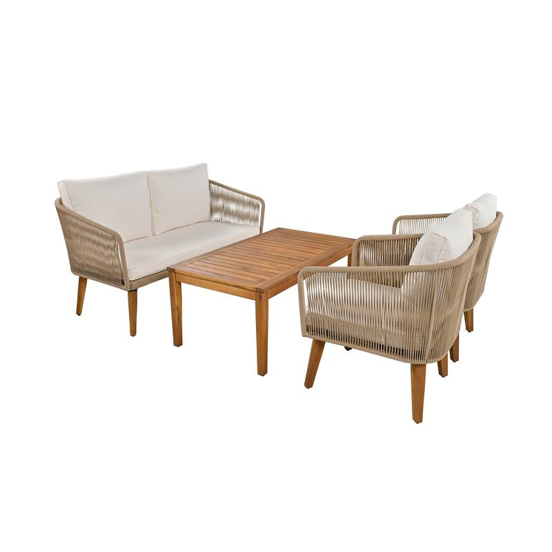 4-Piece Outdoor Patio Solid Wood Conversation Sofa Set with Coffee Table