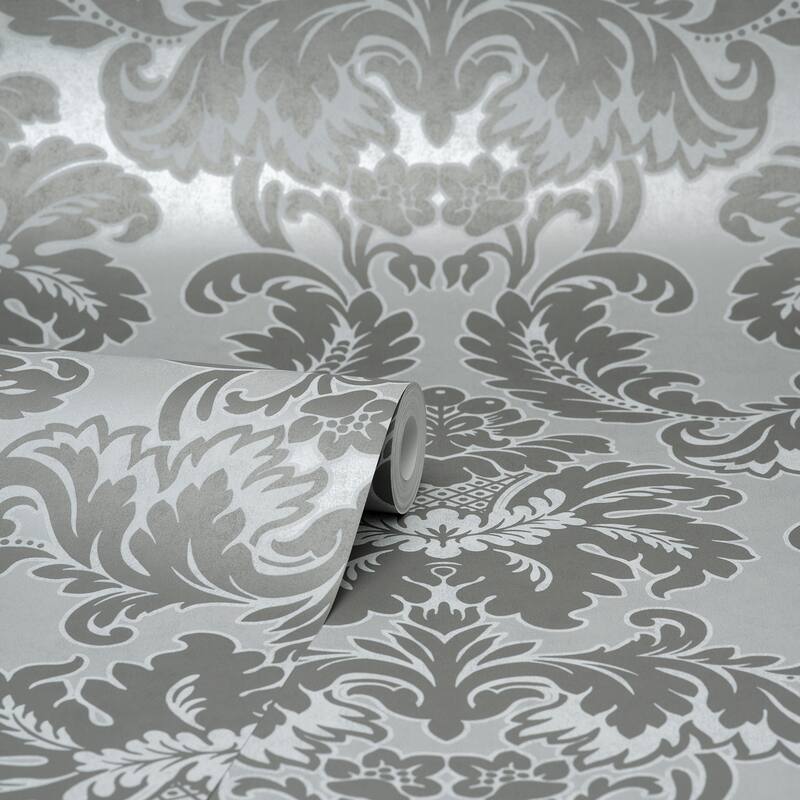 Brewster Windsor Grey Damask Wallpaper