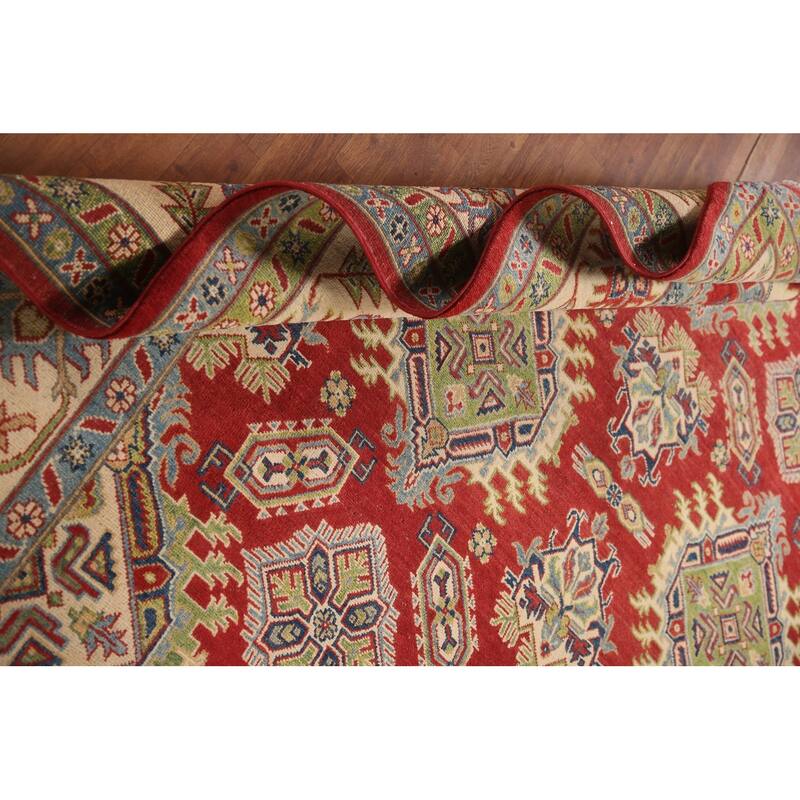 Red Geometric Kazak Area Rug Handmade Wool Carpet - 7'11" x 9'11"