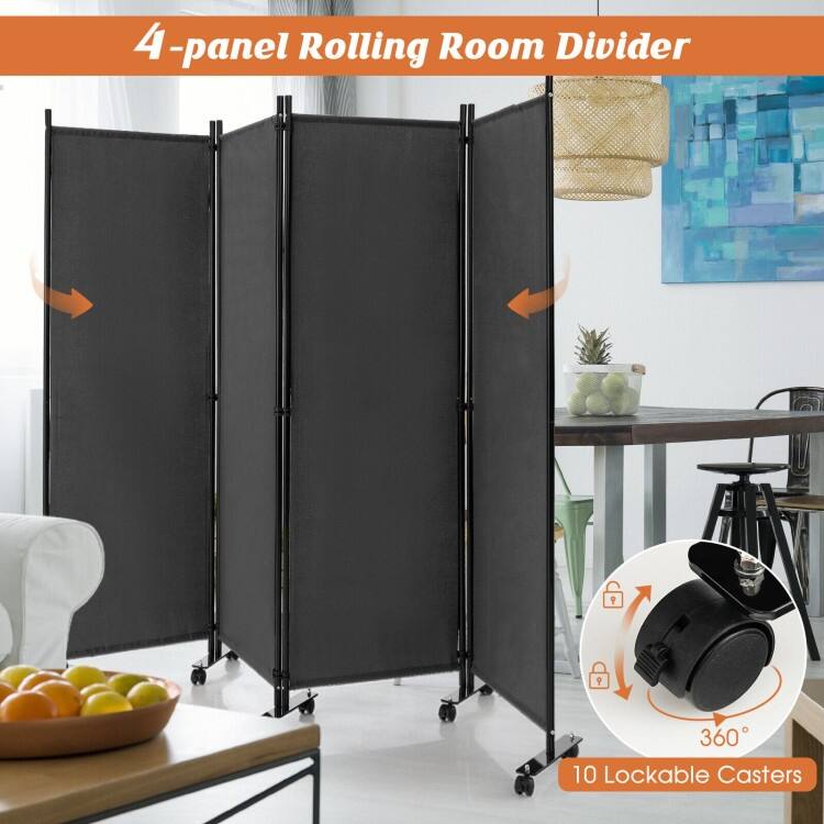 4-Panel Folding Room Divider Rolling Privacy Screen with Lockable Wheels - 89" x 12" x 68" (L x W x H)