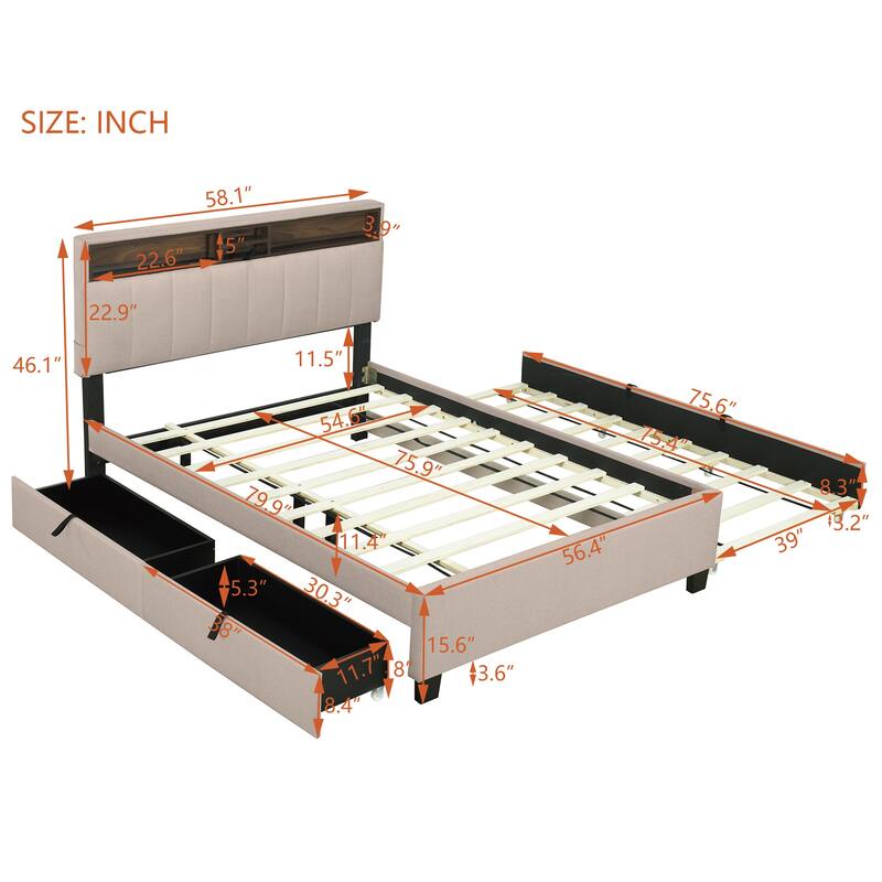 Full Size Upholstered Platform Bed with Storage Headboard, Twin Trundle, Drawers & USB Ports, Beige Linen Fabric