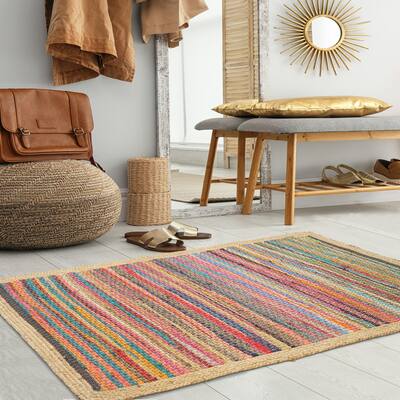 LR Home Boho Multicolored Stripes Jute Bordered Accent Rug